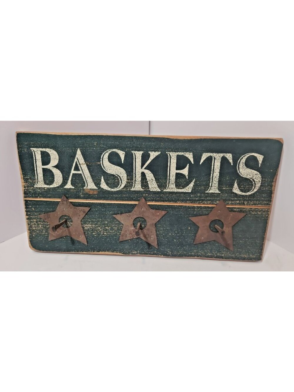 Vtg Americana Folk Art Wooden "Baskets" Sign with Metal Stars Rustic Primitive
